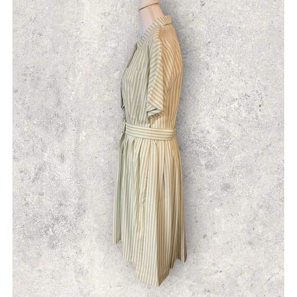 Vintage Penbrooke Lane Dress Womens 10 Green White Striped Button Up Belted Midi - Picture 3 of 12